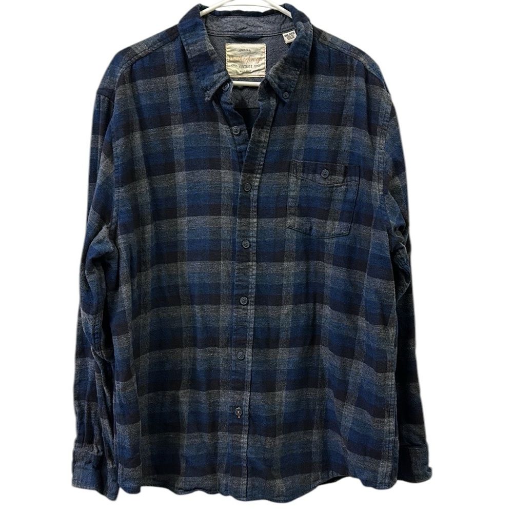 Weatherproof Vintage Cotton Flannel Button Down Pocket Shirt Blue Gray Plaid XXL